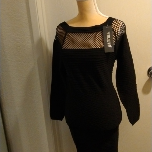 NWT Yelete Body Con Black Dress Size Large Sexy Mesh Cut outs - Picture 2 of 7